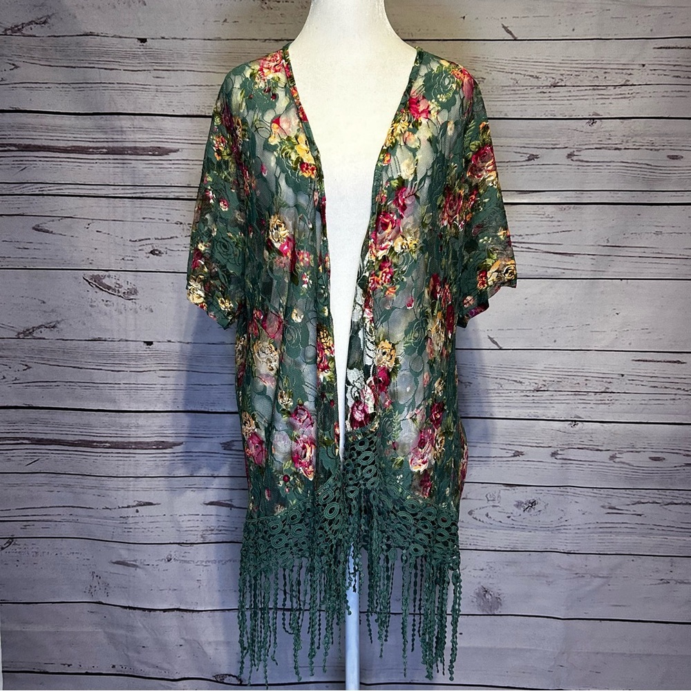 Sweat Rain Floral Fringe Kimono Cardigan Size Medium | Green Lace Boho - Picture 1 of 6